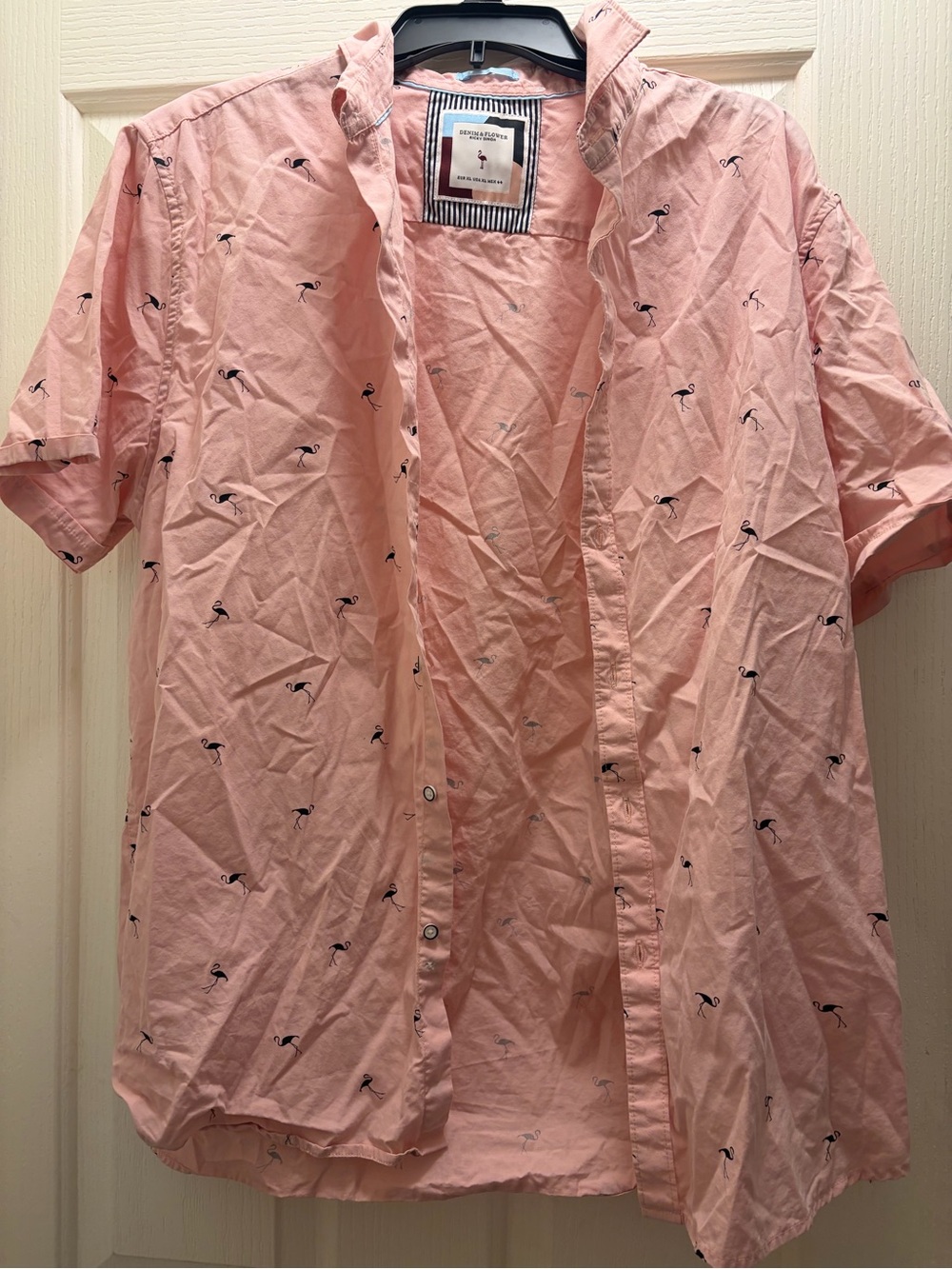 Mens navy blue flamingo and pink button down short sleeve shirt
